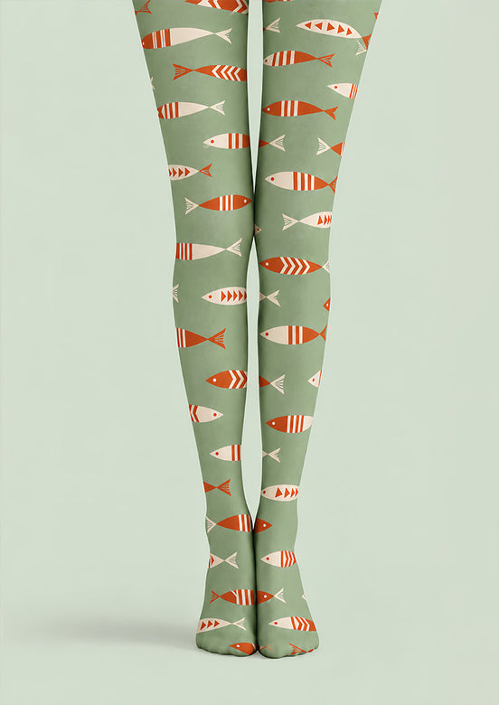 Sage Green Fish Print Tights Pantyhose Z69-77