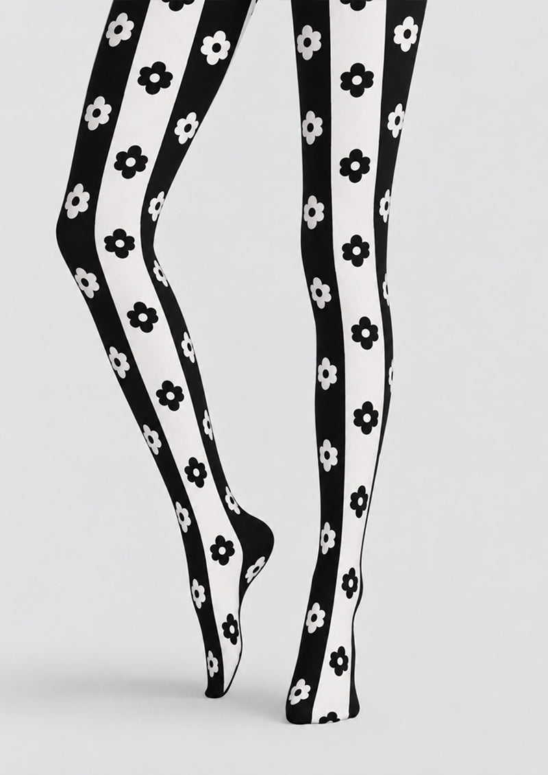 Black White Floral Stripe Tights Hosiery Pantyhose Z69-83