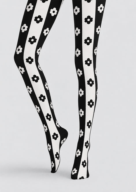 Black White Floral Stripe Tights Hosiery Pantyhose Z69-83