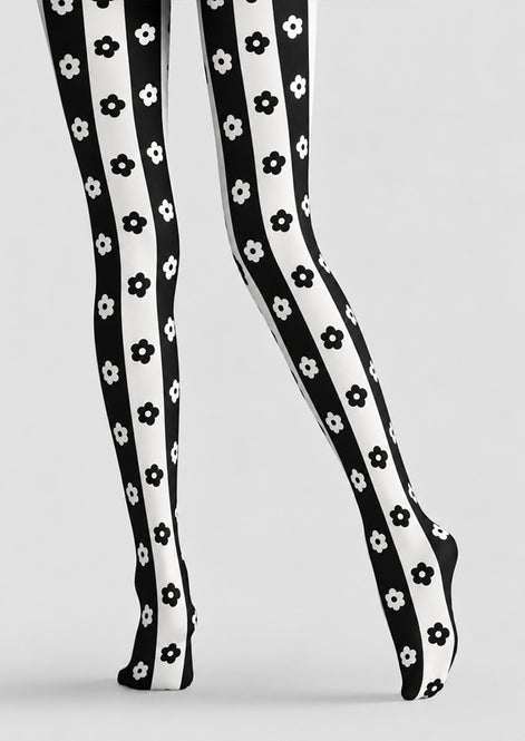Black White Floral Stripe Tights Hosiery Pantyhose Z69-83