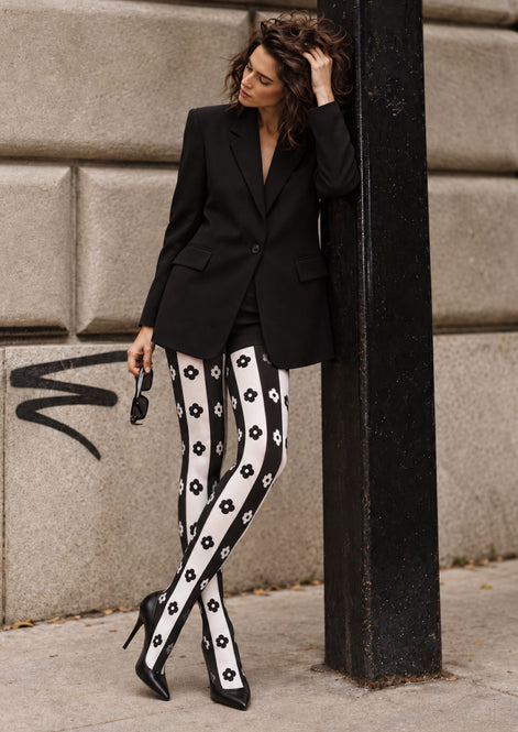 Black White Floral Stripe Tights Hosiery Pantyhose Z69-83