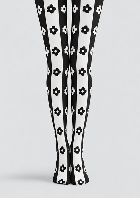 Black White Floral Stripe Tights Hosiery Pantyhose Z69-83