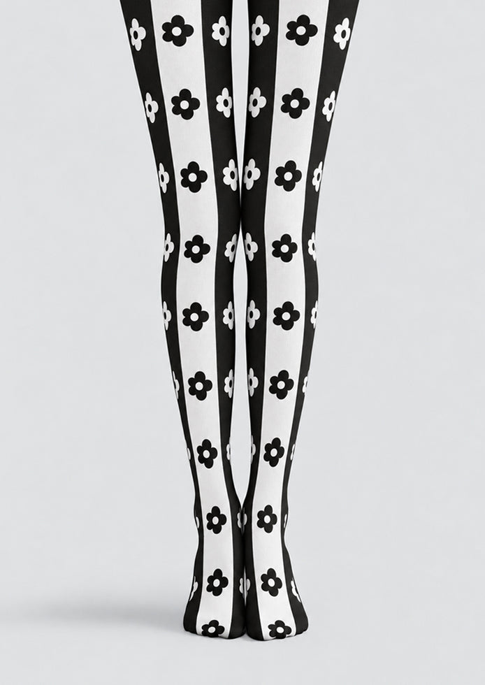 Black White Floral Stripe Tights Hosiery Pantyhose Z69-83