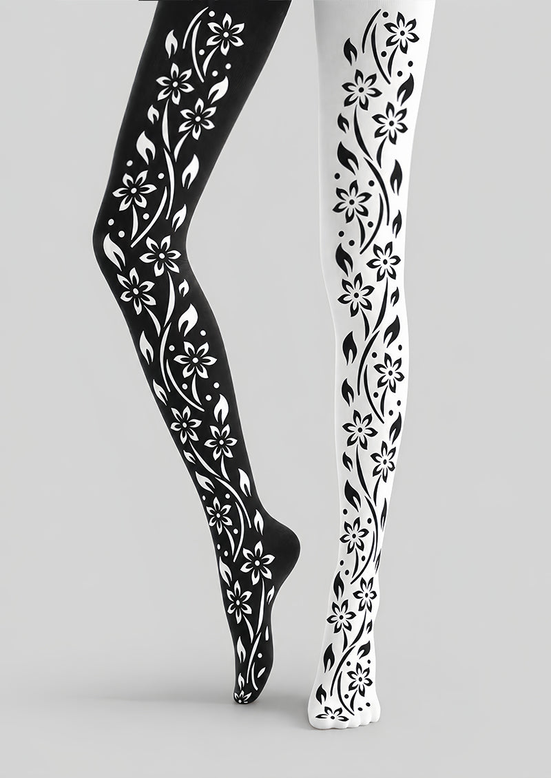 Black White Floral Vine Tights Hosiery Pantyhose Z69-94