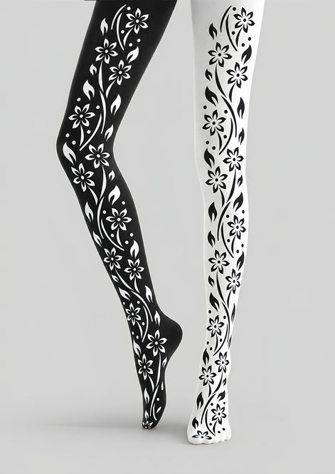 Black White Floral Vine Tights Hosiery Pantyhose Z69-94