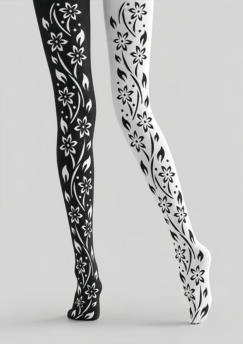 Black White Floral Vine Tights Hosiery Pantyhose Z69-94