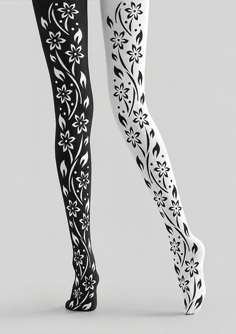Black White Floral Vine Tights Hosiery Pantyhose Z69-94