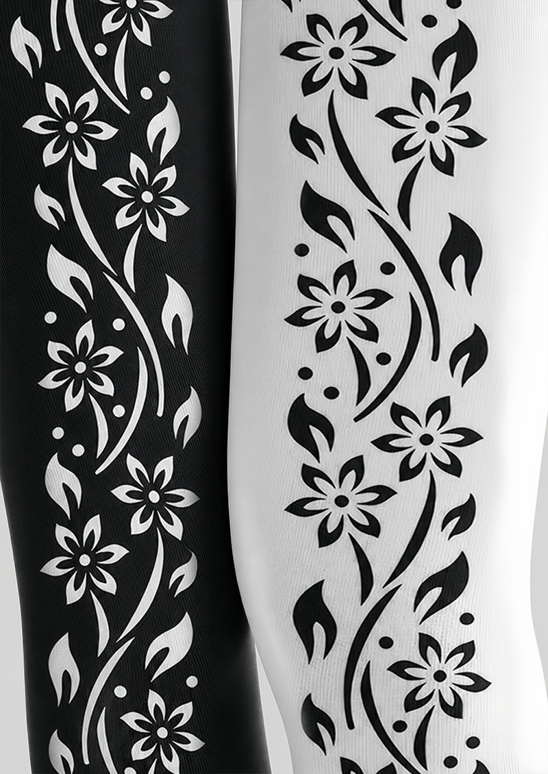 Black White Floral Vine Tights Hosiery Pantyhose Z69-94