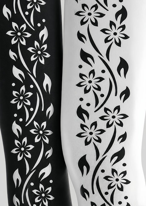 Black White Floral Vine Tights Hosiery Pantyhose Z69-94