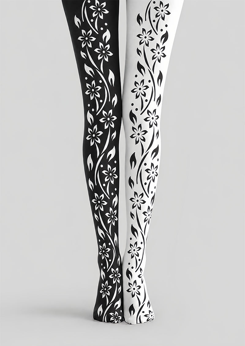 Black White Floral Vine Tights Hosiery Pantyhose Z69-94