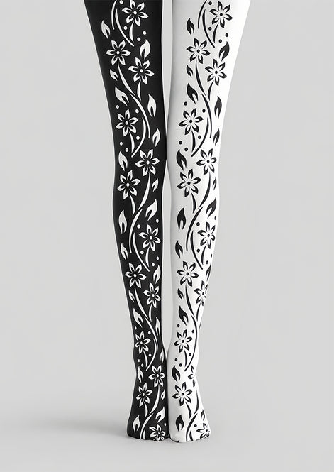 Black White Floral Vine Tights Hosiery Pantyhose Z69-94