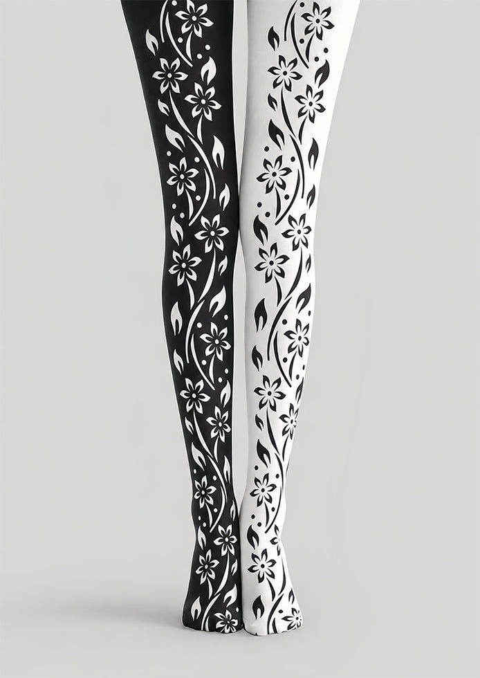 Black White Floral Vine Tights Hosiery Pantyhose Z69-94