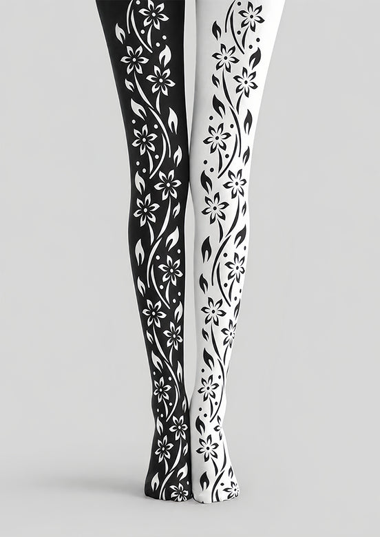 Black White Floral Vine Tights Hosiery Pantyhose Z69-94