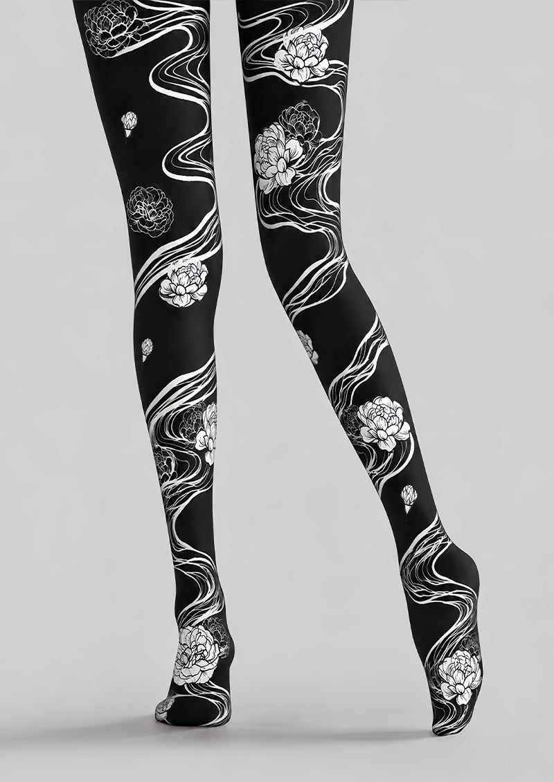 Artistic Black White Floral Tights Hosiery Pantyhose Z69-95