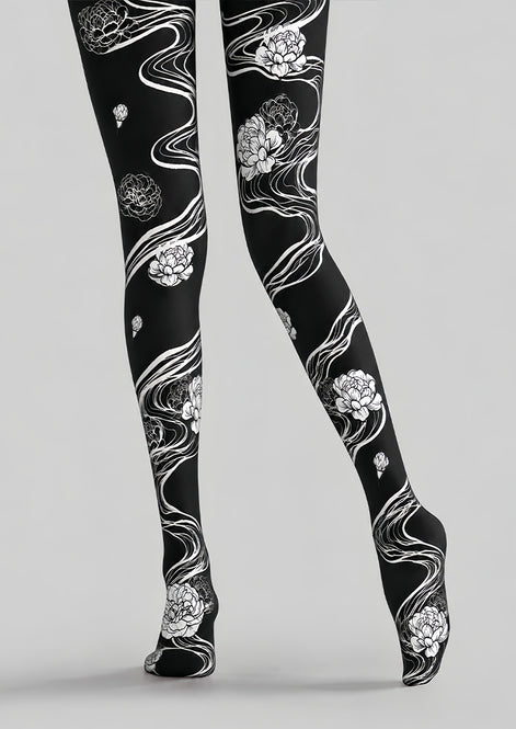 Artistic Black White Floral Tights Hosiery Pantyhose Z69-95