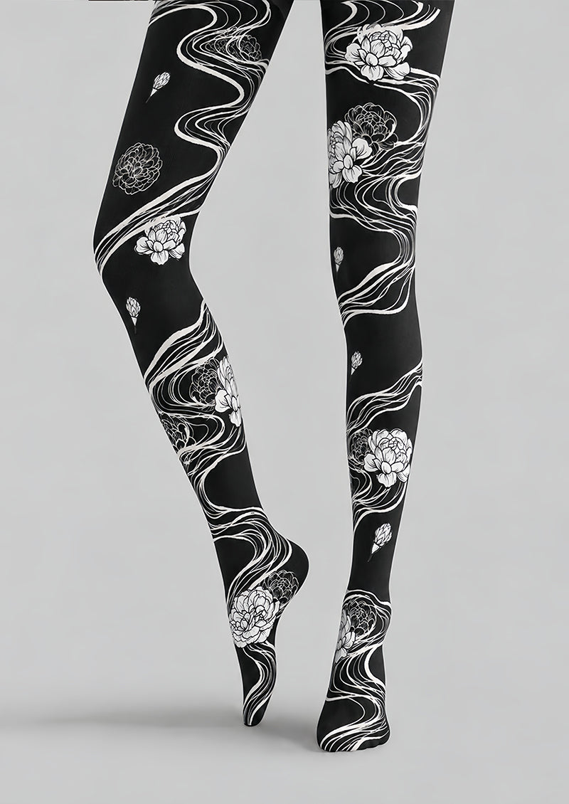 Artistic Black White Floral Tights Hosiery Pantyhose Z69-95