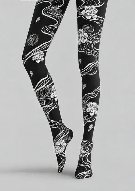 Artistic Black White Floral Tights Hosiery Pantyhose Z69-95
