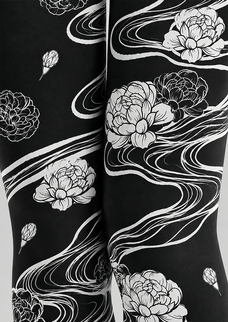 Artistic Black White Floral Tights Hosiery Pantyhose Z69-95