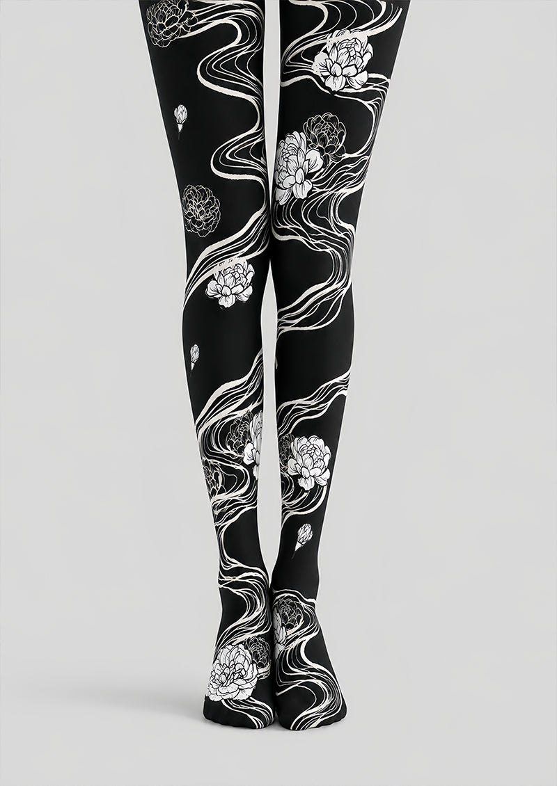 Artistic Black White Floral Tights Hosiery Pantyhose Z69-95