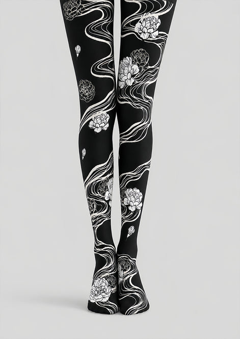 Artistic Black White Floral Tights Hosiery Pantyhose Z69-95