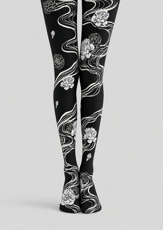 Artistic Black White Floral Tights Hosiery Pantyhose Z69-95