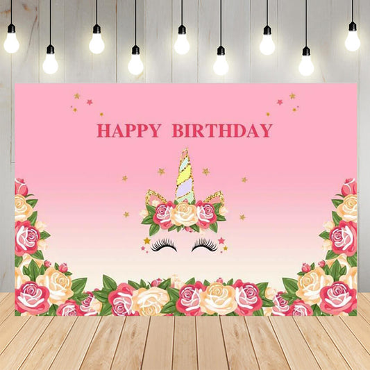 Birthday Unicorn Flowers Pink Backdrop
