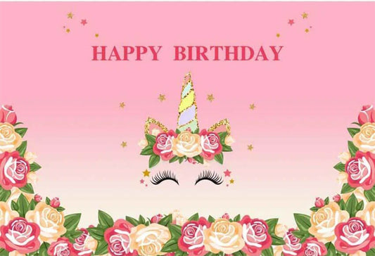 Birthday Unicorn Flowers Pink Backdrop