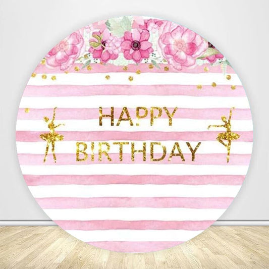 Little Girl Pink Stripe Birthday Round Backdrop