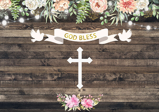 Cross Flower Wood Baby Shower Backdrop