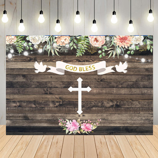 Cross Flower Wood Baby Shower Backdrop