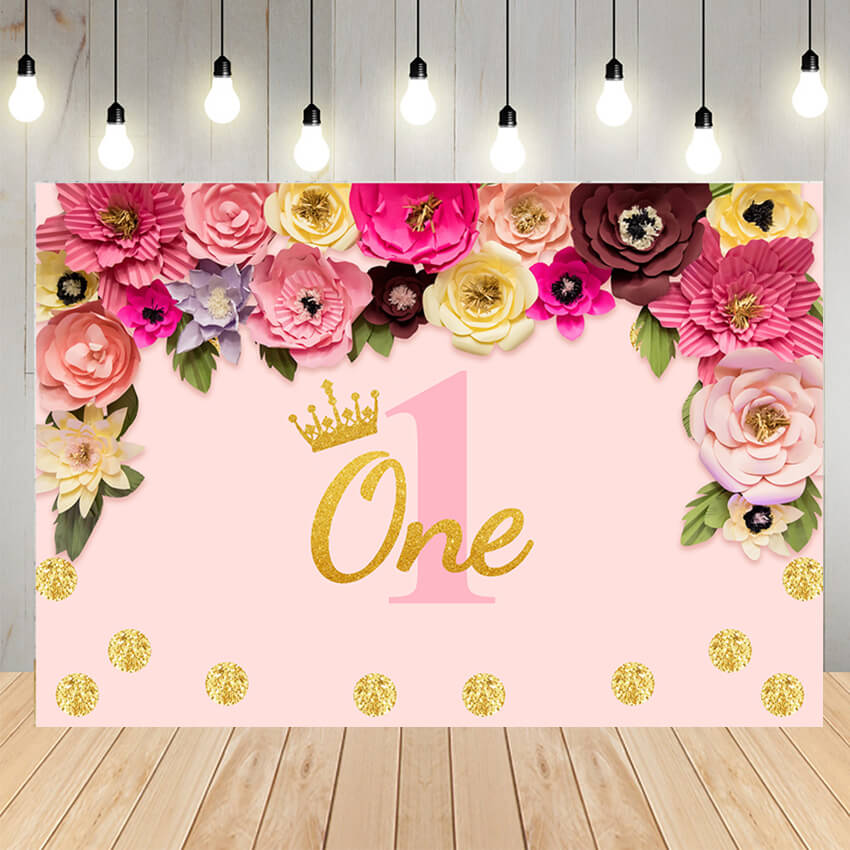 1st Birthday Celebration Flower Pink Backdrop